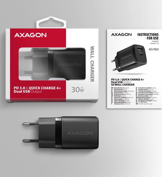 AXAGON ACU-PQ30, Sil nabíjačka do siete 30W, 2x port (USB-A + USB-C), PD3.0/PPS/QC4+/SFC/AFC/Apple, čierna