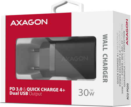 AXAGON ACU-PQ30, Sil nabíjačka do siete 30W, 2x port (USB-A + USB-C), PD3.0/PPS/QC4+/SFC/AFC/Apple, čierna