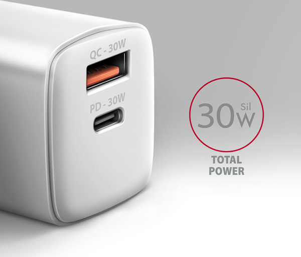 AXAGON ACU-PQ30W, Sil nabíjačka do siete 30W, 2x port (USB-A + USB-C), PD3.0/PPS/QC4+/SFC/AFC/Apple, biela