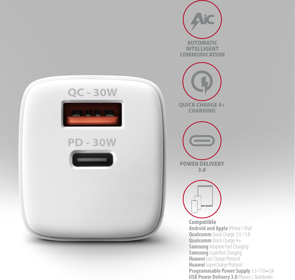 AXAGON ACU-PQ30W, Sil nabíjačka do siete 30W, 2x port (USB-A + USB-C), PD3.0/PPS/QC4+/SFC/AFC/Apple, biela
