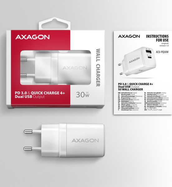 AXAGON ACU-PQ30W, Sil nabíjačka do siete 30W, 2x port (USB-A + USB-C), PD3.0/PPS/QC4+/SFC/AFC/Apple, biela