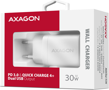 AXAGON ACU-PQ30W, Sil nabíjačka do siete 30W, 2x port (USB-A + USB-C), PD3.0/PPS/QC4+/SFC/AFC/Apple, biela