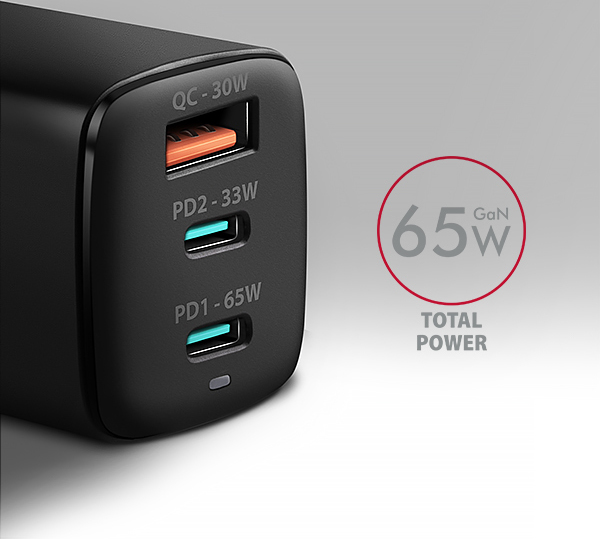 AXAGON ACU-DPQ65, GaN nabíjačka do siete 65W, 3x port (USB-A + dual USB-C), PD3.0/QC4+/PPS/Apple, čierna