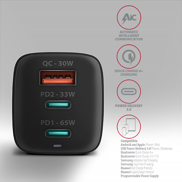 AXAGON ACU-DPQ65, GaN nabíjačka do siete 65W, 3x port (USB-A + dual USB-C), PD3.0/QC4+/PPS/Apple, čierna