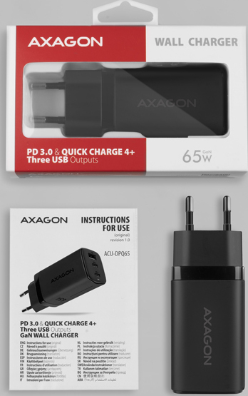 AXAGON ACU-DPQ65, GaN nabíjačka do siete 65W, 3x port (USB-A + dual USB-C), PD3.0/QC4+/PPS/Apple, čierna