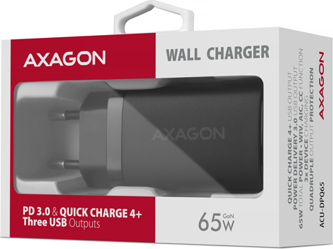 AXAGON ACU-DPQ65, GaN nabíjačka do siete 65W, 3x port (USB-A + dual USB-C), PD3.0/QC4+/PPS/Apple, čierna