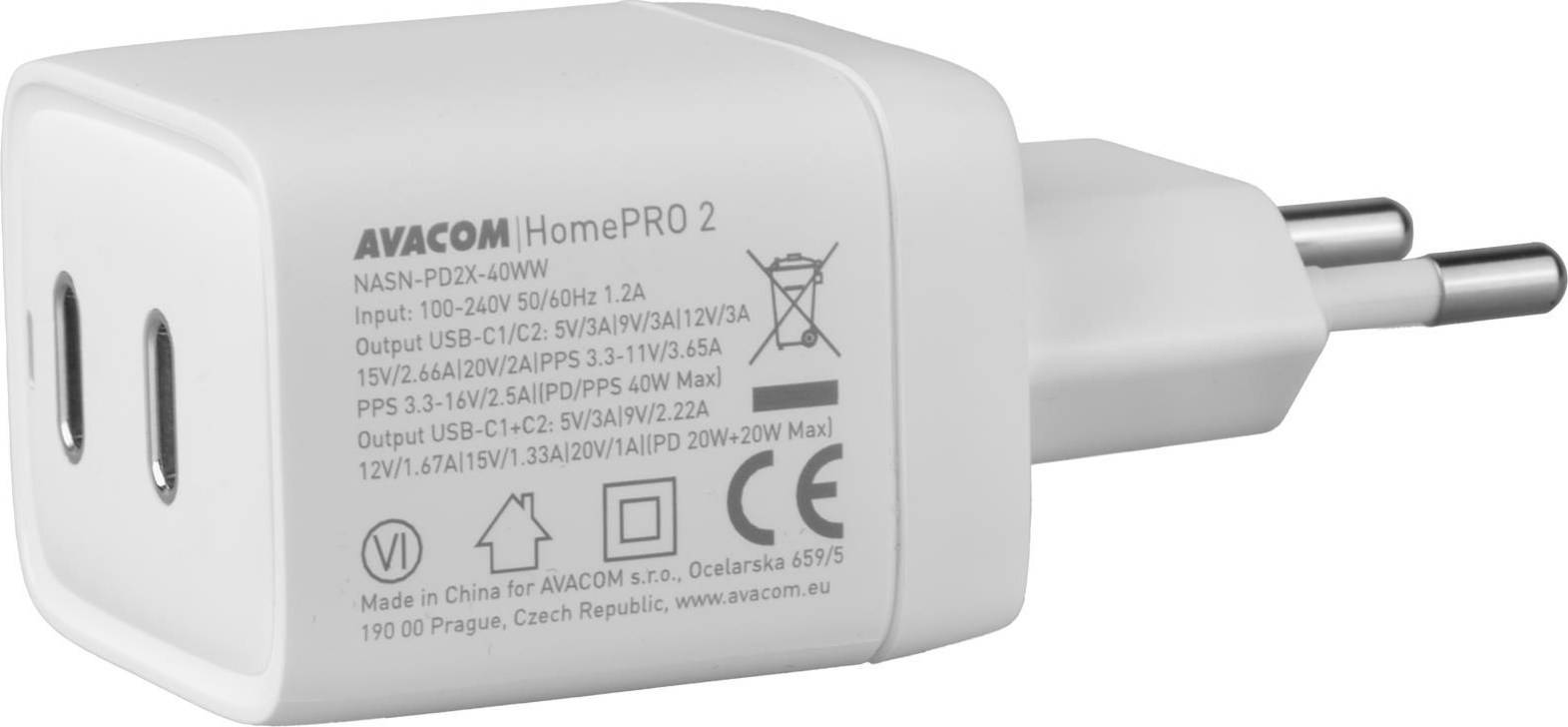 AVACOM HomePRO 2 síťová nabíječka s Power Delivery 40W se dvěma USB-C výstupy