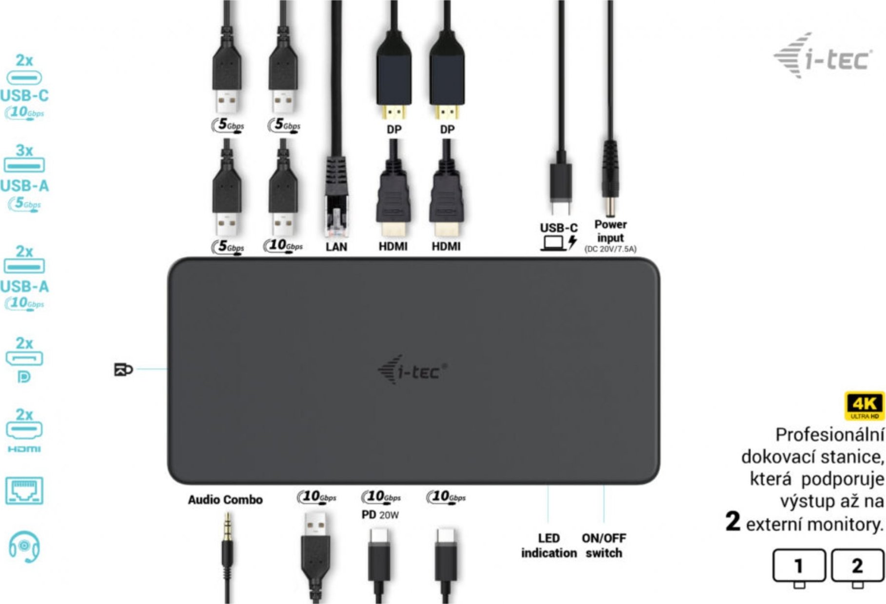 i-tec USB 3.0/USB-C/Thunderbolt 3 Professional Dual 4K Display Dock.st. Gen2, PD 100W