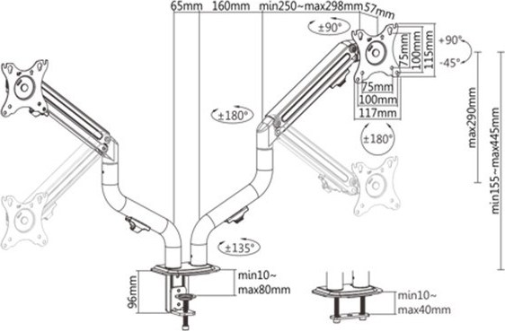 GEMBIRD Držák 2 monitorů na stůl MA-DA2-02, naklápěcí, až do 32” a 8kg, černý