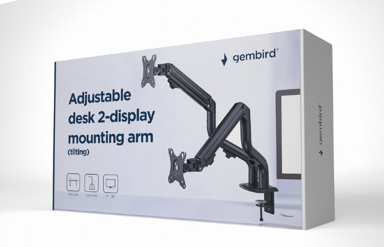 GEMBIRD Držák 2 monitorů na stůl MA-DA2-02, naklápěcí, až do 32” a 8kg, černý
