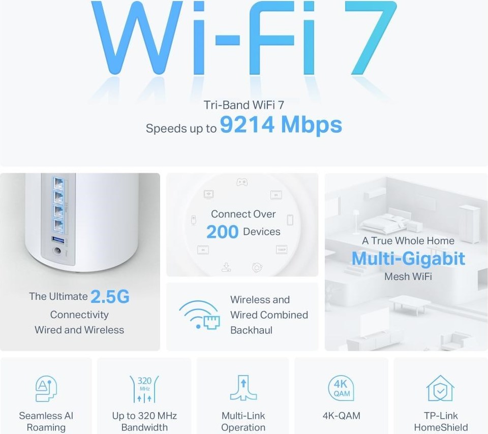 TP-Link Deco BE65(2-pack) WiFi7 Mesh(BE9300,2,4GHz/5GHz/6GHz,4x2,5GbELAN/WAN, 1xUSB3.0)