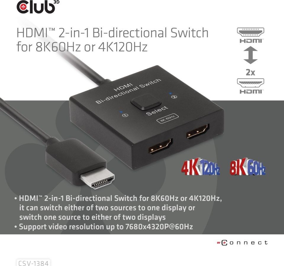 Club 3D Club3D Switch, HDMI na 2xHDMI Oboustranný 2v1, 8K60Hz, 4K120Hz