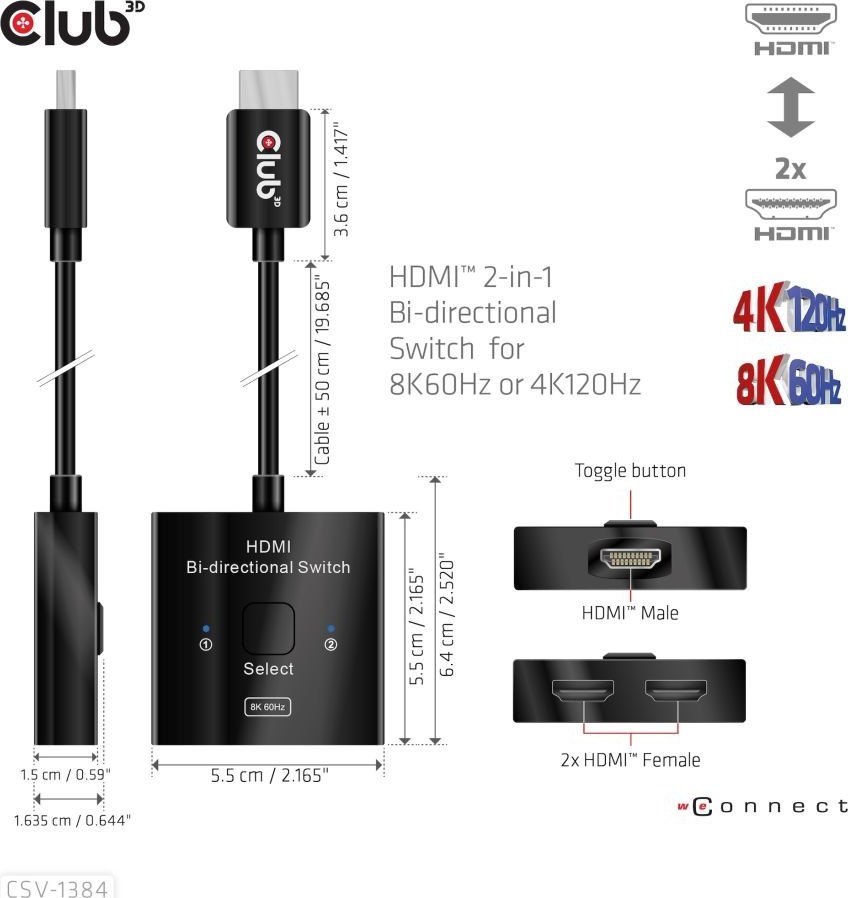 Club 3D Club3D Switch, HDMI na 2xHDMI Oboustranný 2v1, 8K60Hz, 4K120Hz