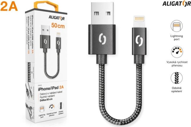 ALIGATOR datový kabel  PREMIUM 2A, Lightning, délka 50 cm, černá