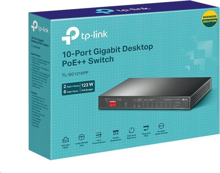 TP-Link CCTV switch TL-SG1210PP (9xGbE,1xGbE/SFP combo uplink, 1xGbE uplink, 6xPoE+,2xPoE++,123W, fanless)