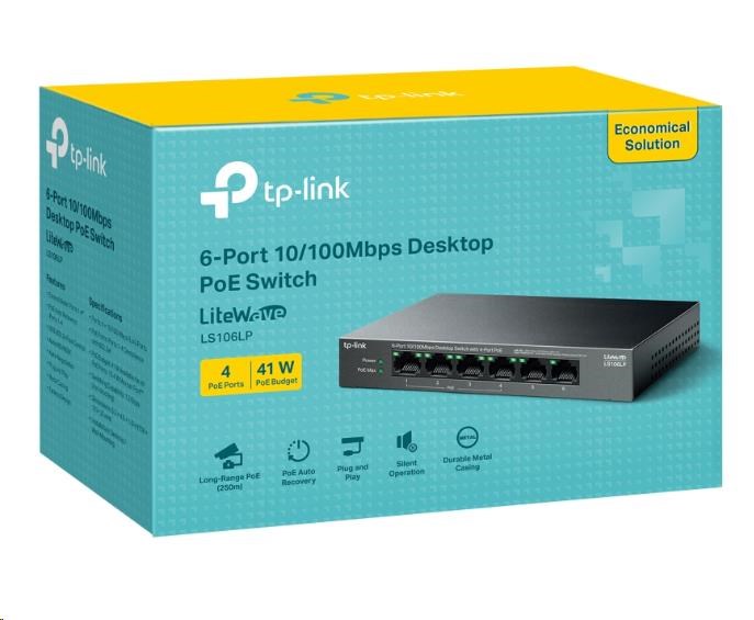TP-Link LiteWave switch LS106LP (6x100Mb/s, 4xPoE, 41W, fanless)