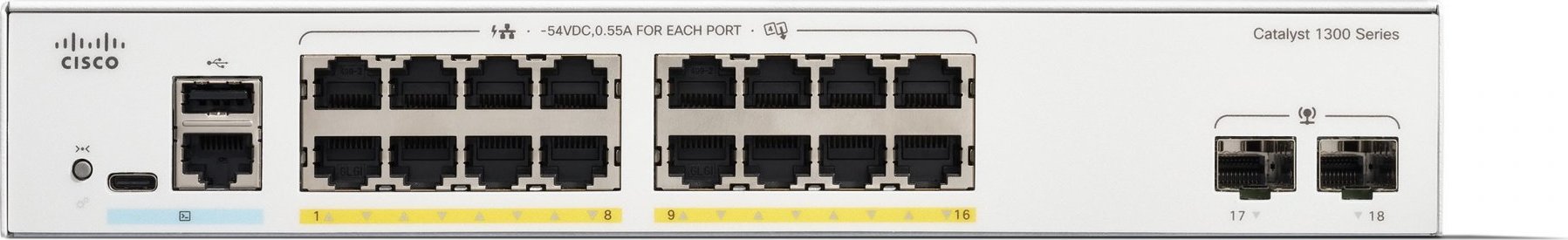 Cisco Catalyst switch C1300-16P-2G (16xGbE,2xSFP,16xPoE+,120W,fanless)
