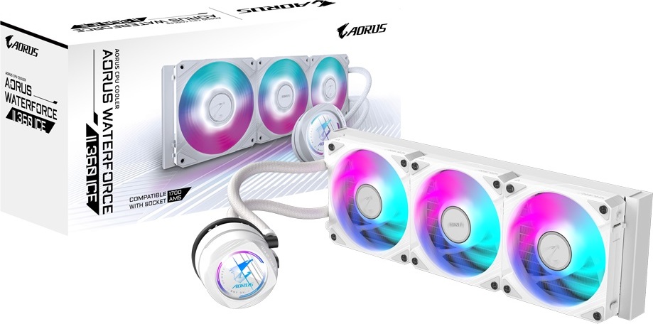GIGABYTE vodní chladič AORUS WATERFORCE II 360I, 3x120mm, ARGB, LGA1851, AM5, Bílá