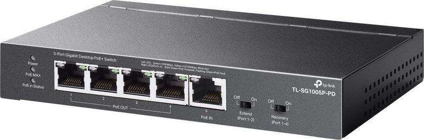 TP-Link switch TL-SG1005P-PD (5xGbE,4xPoE+,1xPoE-in,PoE++,90W, fanless)