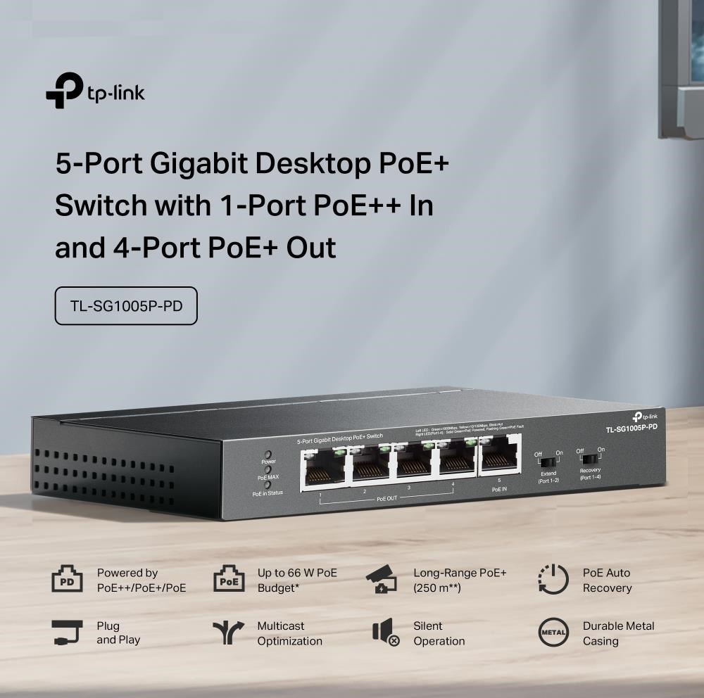 TP-Link switch TL-SG1005P-PD (5xGbE,4xPoE+,1xPoE-in,PoE++,90W, fanless)
