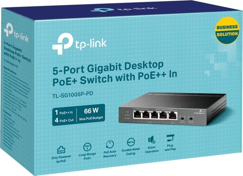 TP-Link switch TL-SG1005P-PD (5xGbE,4xPoE+,1xPoE-in,PoE++,90W, fanless)