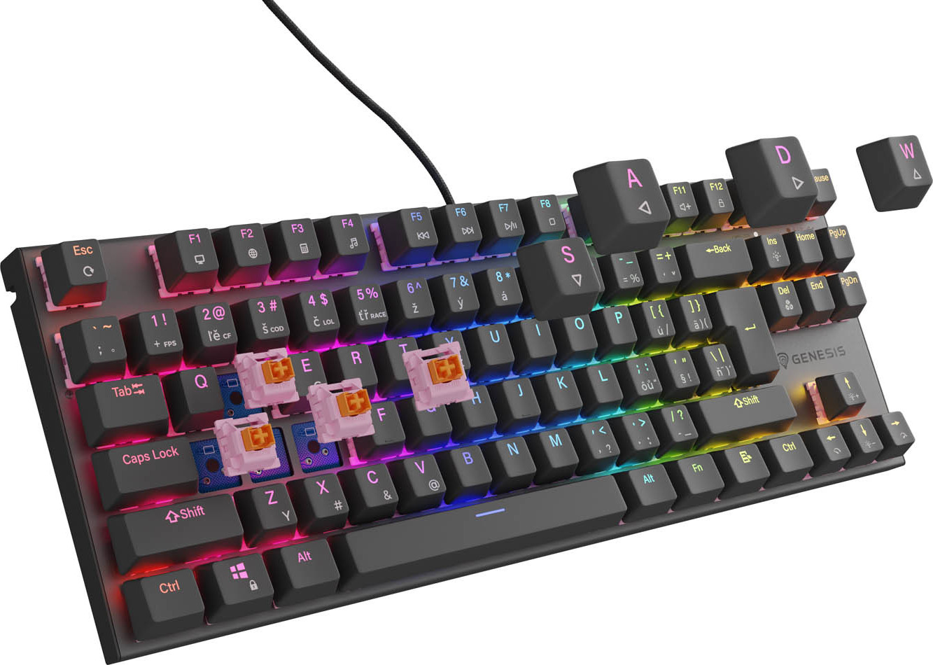 Genesis tichá herní klávesnice THOR 303/TKL/RGB/Outemu Peach/Drátová USB/CZ-SK layout/Černá