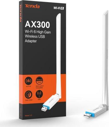 Tenda U2v5 AX300 WiFi 6 USB Adapter, 286 Mb/s, 802.11ax/b/g/n, 6 dBi, Soft AP, Win 7/10/11, Linux