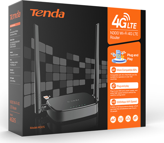 Tenda 4G05  3G/4G Wireless-N Router 300Mbps,1x WAN/LAN,1x LAN, Cat.4, 2x Ant.