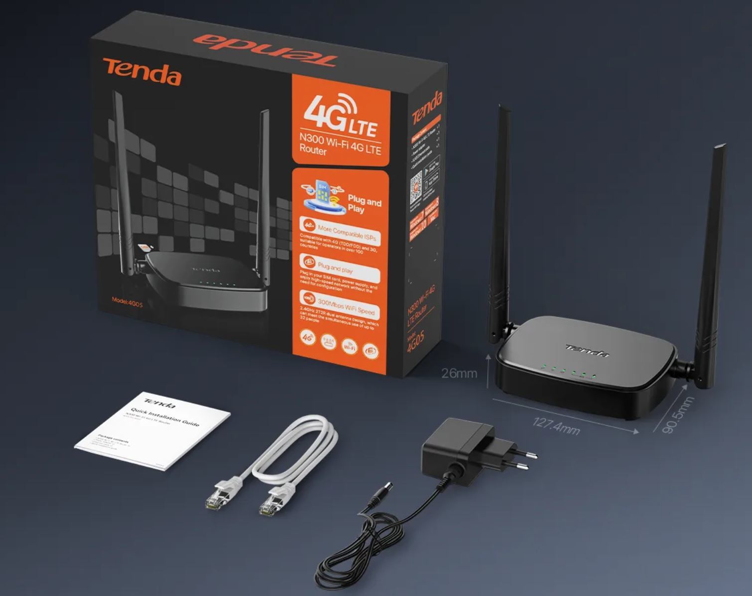 Tenda 4G05  3G/4G Wireless-N Router 300Mbps,1x WAN/LAN,1x LAN, Cat.4, 2x Ant.