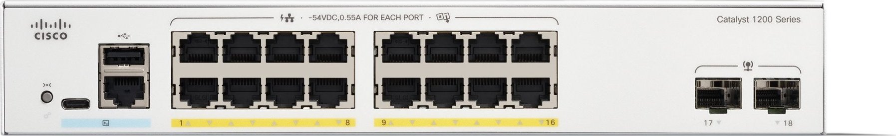 Cisco Catalyst switch C1200-16P-2G (16xGbE,2xSFP,16xPoE+,120W,fanless)