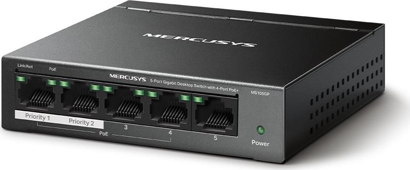 MERCUSYS switch MS105GP (5xGbE,4xPoE+,65W,fanless)