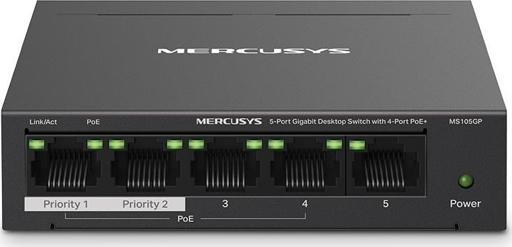 MERCUSYS switch MS105GP (5xGbE,4xPoE+,65W,fanless)