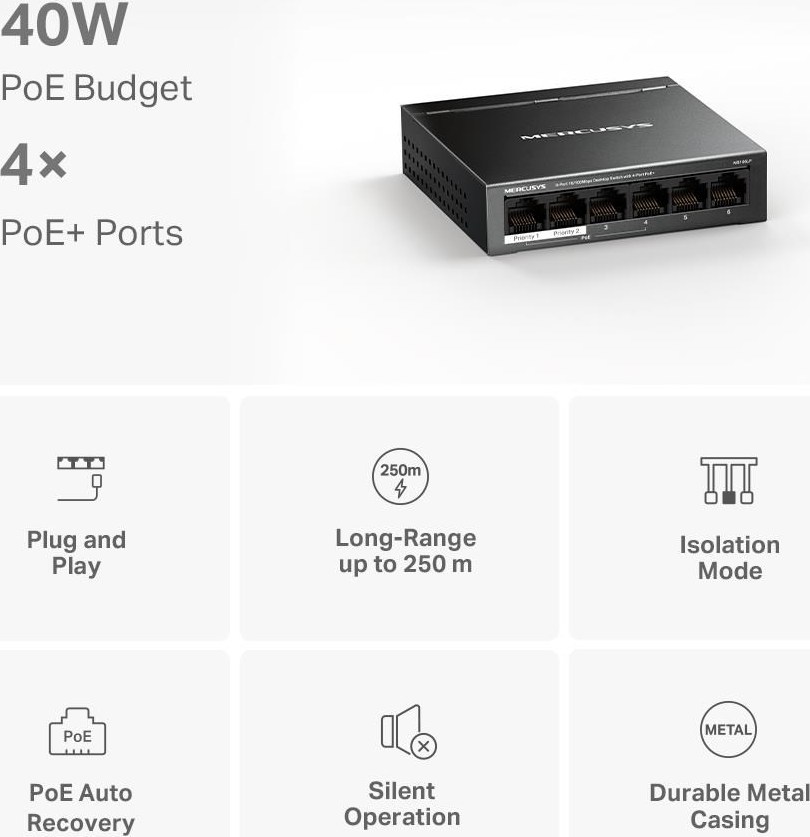 MERCUSYS switch MS106LP (6x100Mb/s,4xPoE+,40W,fanless)