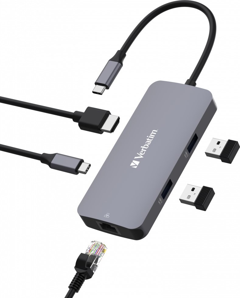 VERBATIM Hub USB-C Pro Multiport 5 Port, 2x USB 3.2, 1x USB-C, HDMI, RJ45, šedá