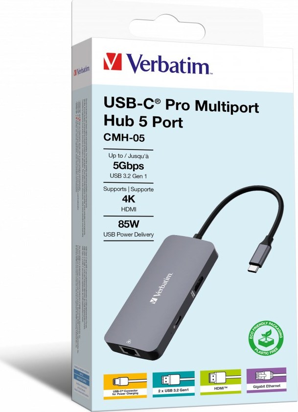 VERBATIM Hub USB-C Pro Multiport 5 Port, 2x USB 3.2, 1x USB-C, HDMI, RJ45, šedá
