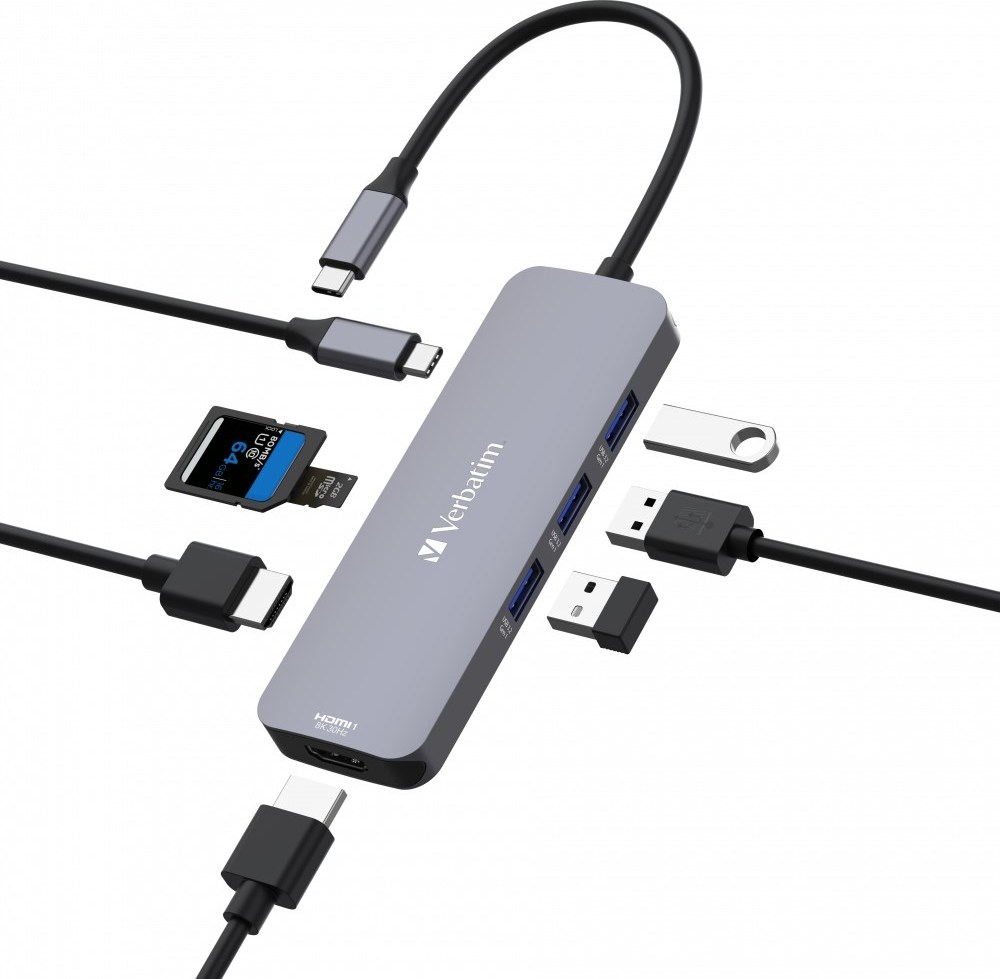 VERBATIM Hub USB-C Pro Multiport 8 Port, 3x USB 3.2, 1x USB-C, 2xHDMI, microSD/SD, šedá