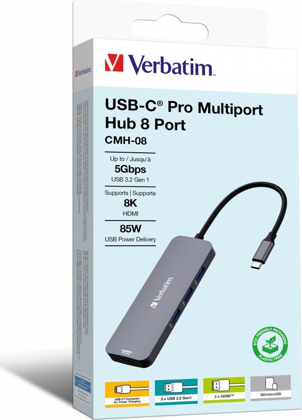 VERBATIM Hub USB-C Pro Multiport 8 Port, 3x USB 3.2, 1x USB-C, 2xHDMI, microSD/SD, šedá