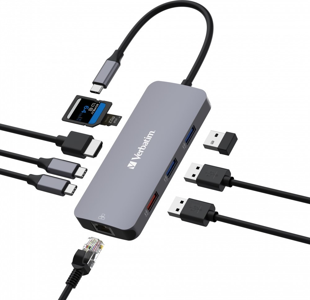 VERBATIM Hub USB-C Pro Multiport 9 Port, 3x USB 3.2, 2x USB-C, HDMI, RJ45, microSD/SD, šedá