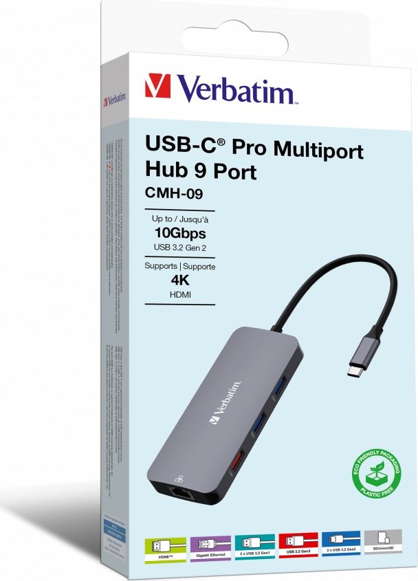 VERBATIM Hub USB-C Pro Multiport 9 Port, 3x USB 3.2, 2x USB-C, HDMI, RJ45, microSD/SD, šedá