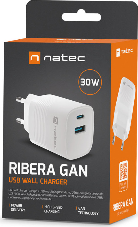 Universální USB nabíječka Natec RIBERA GaN 30W, 1X USB-A, 1X USB-C, Bílá