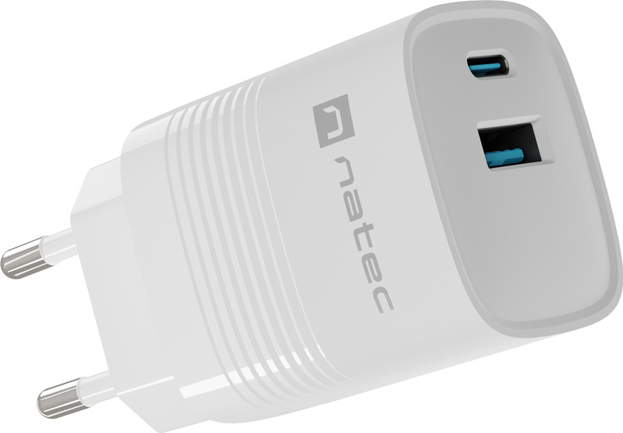 Universální USB nabíječka Natec RIBERA GaN 30W, 1X USB-A, 1X USB-C, Bílá