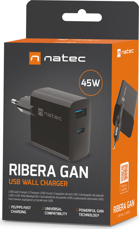 Univerzální USB nabíječka Natec RIBERA GaN 45W, 1X USB-A, 1X USB-C, černá