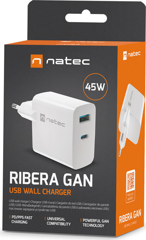 Univerzální USB nabíječka Natec RIBERA GaN 45W, 1X USB-A, 1X USB-C, bílá