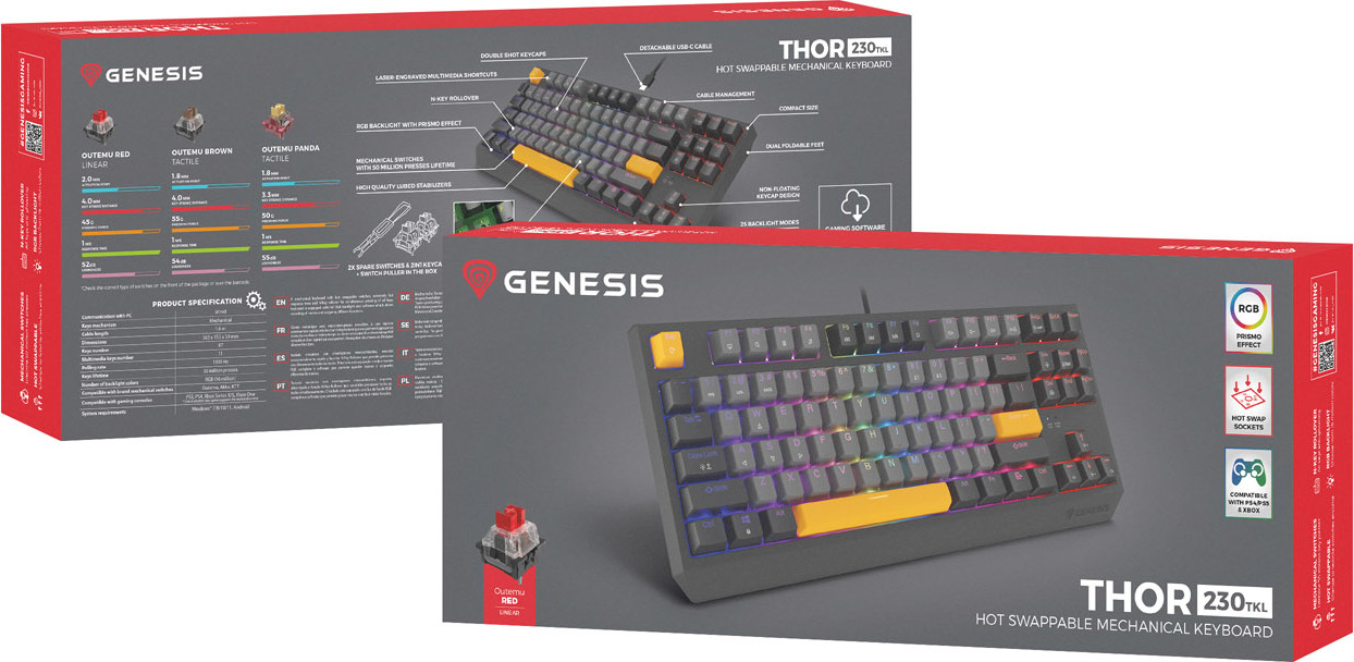 Genesis herní klávesnice THOR 230/TKL/RGB/Outemu Red/Drátová USB/US layout/Anchor Negative Šedá