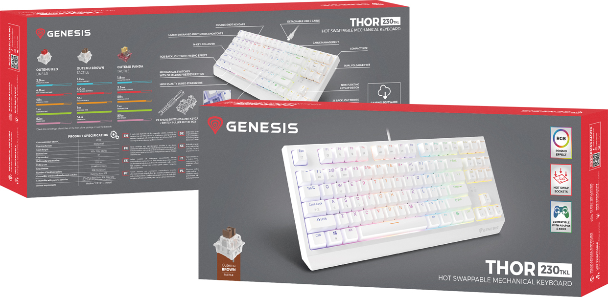 Genesis herní klávesnice THOR 230/TKL/RGB/Outemu Brown/Drátová USB/US layout/Bílá