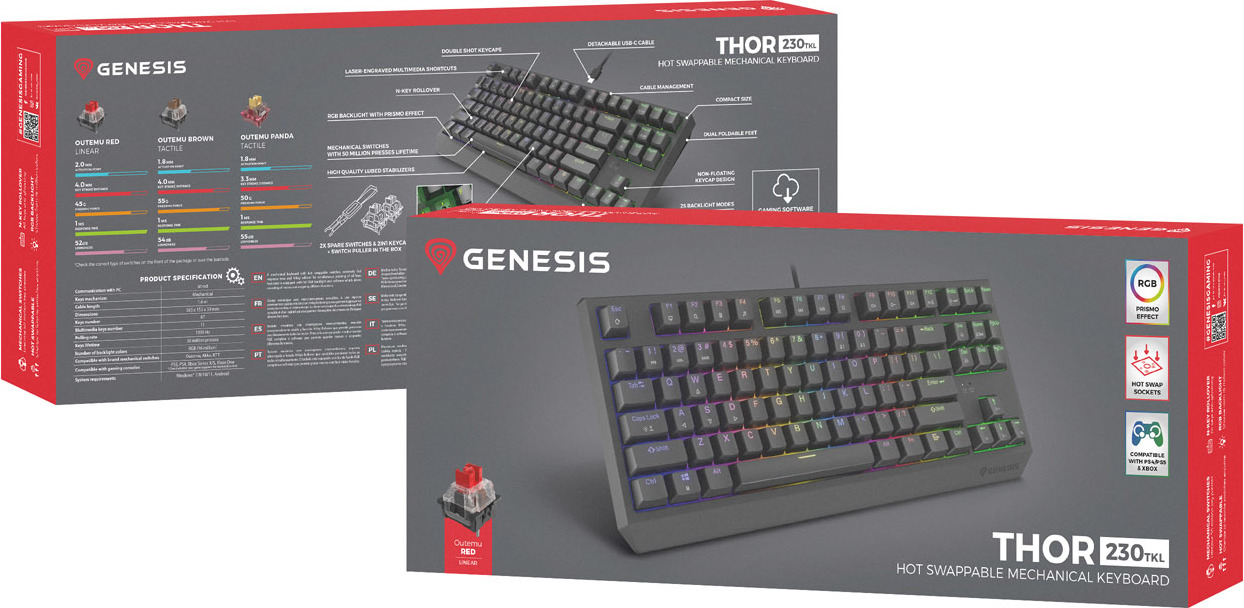 Genesis herní klávesnice THOR 230/TKL/RGB/Outemu Red/Drátová USB/US layout/Černá