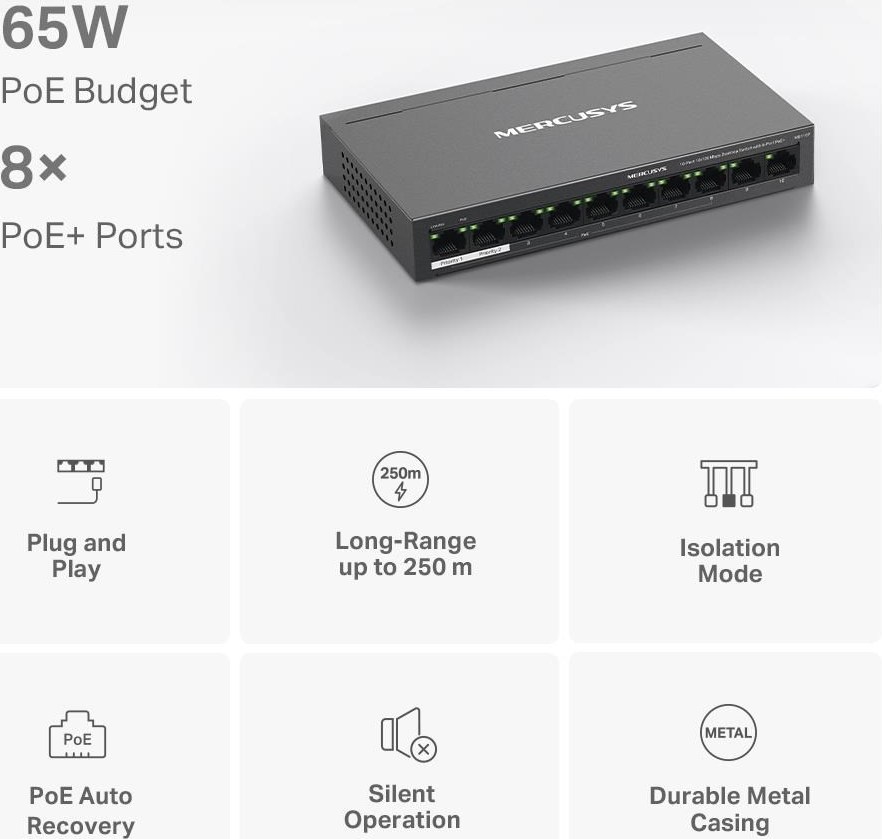 MERCUSYS switch MS110P (10x100Mb/s,8xPoE+,65W,fanless)