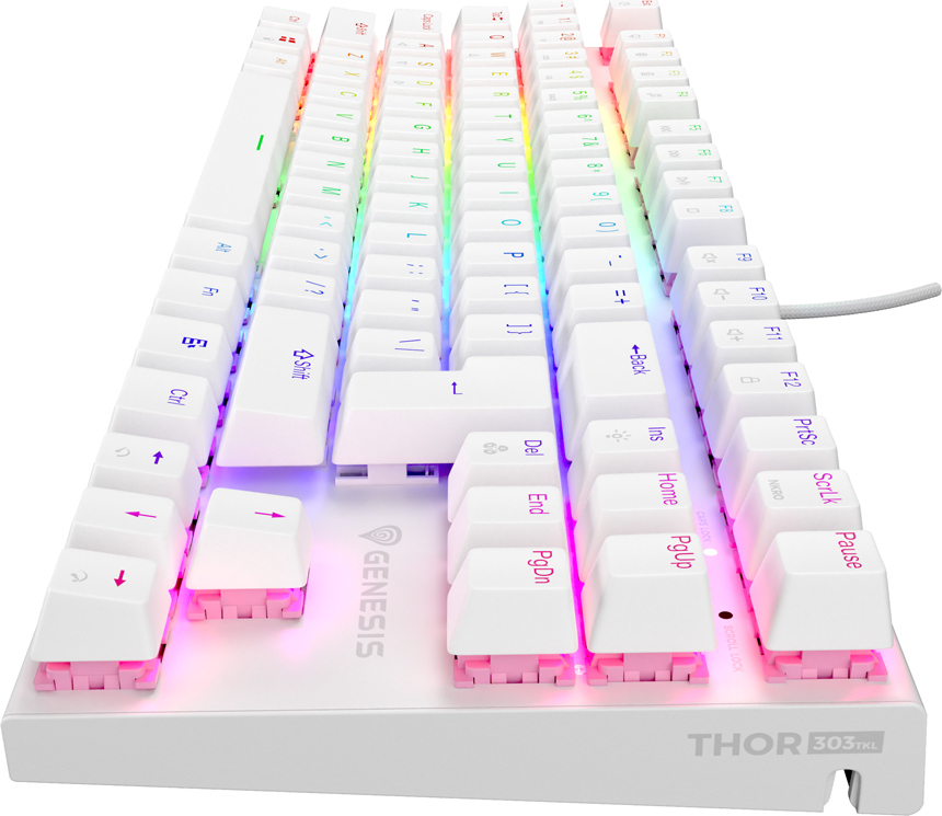 Genesis tichá herní klávesnice THOR 303/TKL/RGB/Outemu Peach Silent/Drátová USB/US layout/Bílá