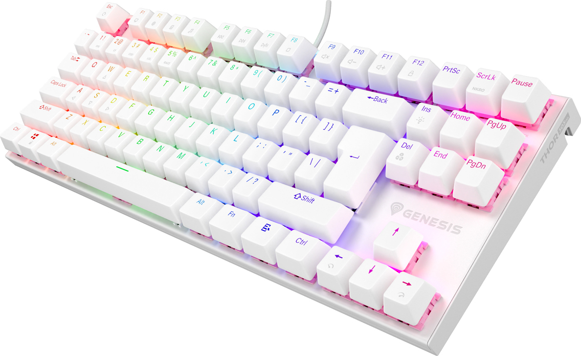 Genesis tichá herní klávesnice THOR 303/TKL/RGB/Outemu Peach Silent/Drátová USB/US layout/Bílá