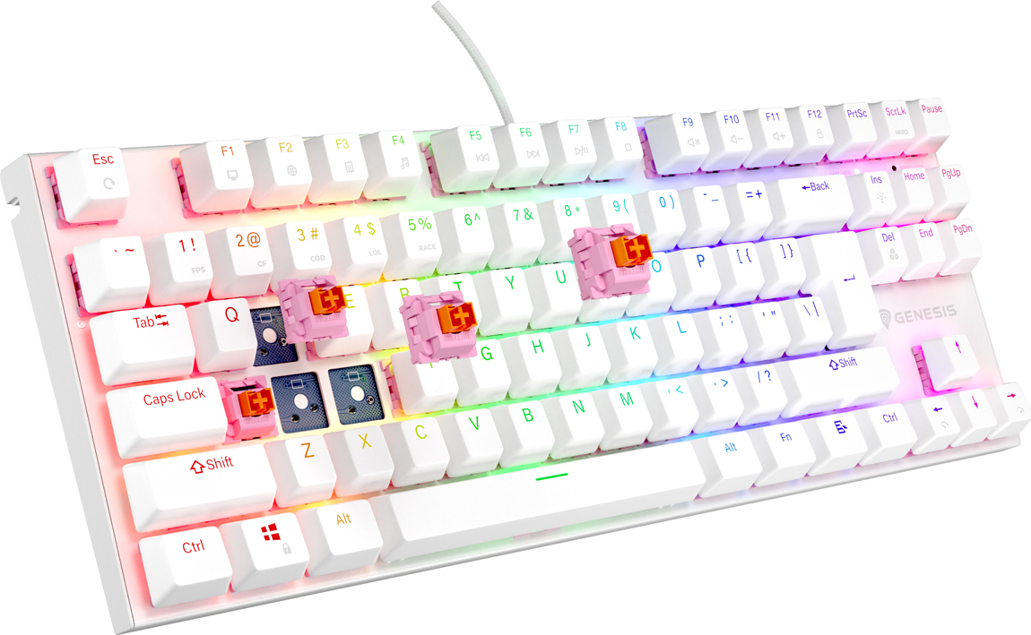 Genesis tichá herní klávesnice THOR 303/TKL/RGB/Outemu Peach Silent/Drátová USB/US layout/Bílá